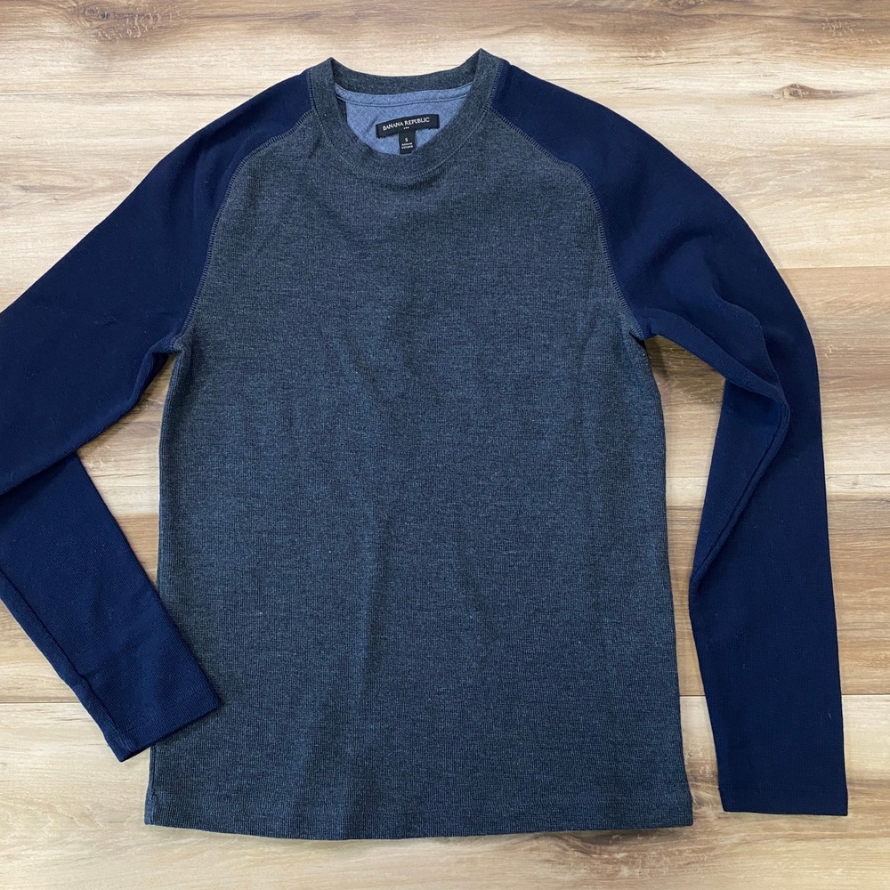 Banana Republic Thermal Shirt Men Small Minimalist Cotton Blend Raglan Grey Navy